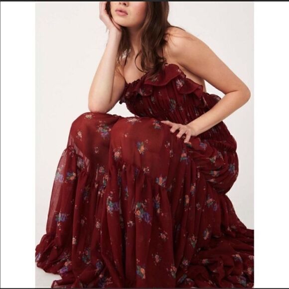 Free People Cloud Nine Chiffon Maxi Dress In Berry Combo Size S - Picture 3 of 9